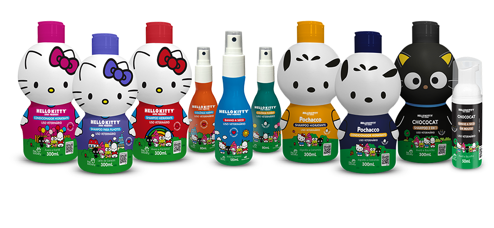 
              Hello Kitty and Friends traz para os pets os shampoos, condicionador, colônia e banho a seco.